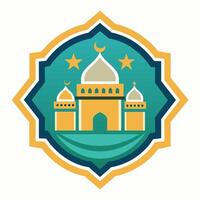 Sophisticated, balanced design drawing from Islamic aesthetics, featuring geometric patterns, minimalist white background, appropriate for logo or badge purposes vector