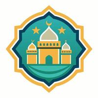 Sophisticated, balanced design drawing from Islamic aesthetics, featuring geometric patterns, minimalist white background, appropriate for logo or badge purposes vector