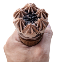 Hand hold chocolate waffle cone ice cream png