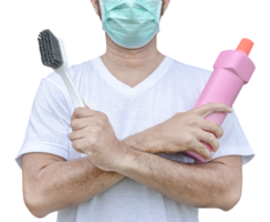uomo indossare maschera mano hold pavimento scrubbing spazzola e gabinetto addetto alle pulizie bottiglia png