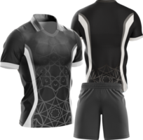 uma Preto e branco futebol uniforme com uma branco logotipo png