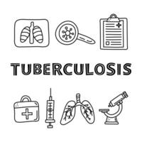Poster with lettering and doodle outline tuberculosis items. vector