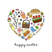 Doodle easter items in heart shape. vector