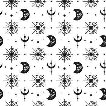 Boho seamless pattern with crescent moon and stars. vector