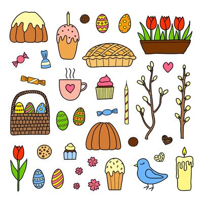 Hand drawn collection of easter items.