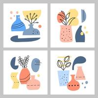 Set of card templates with spots, dots, vases, leafy twigs, herbs. vector