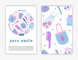 Card templates with doodle zero waste icons. vector