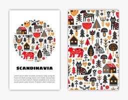 Card templates with doodle Scandinavian icons. vector