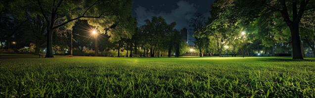 noche parque con iluminado césped foto