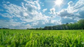 Sun Shining Through Clouds Over Green Field photo