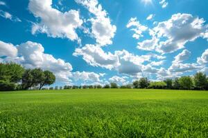 verde campo con arboles y nubes foto