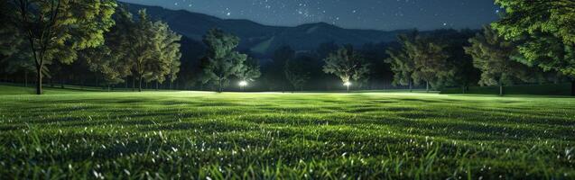 Grassy Field With Trees and Lights photo