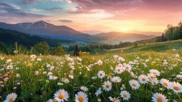 Field of Flowers With Mountain Background photo