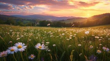 campo de flores a puesta de sol foto