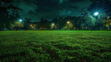 Noche césped campo con calle luces foto