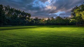 Grassy Field With Trees and Clouds photo