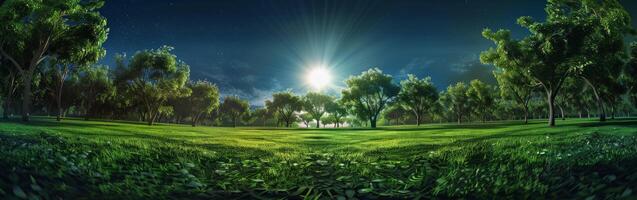 Lush Green Field and Trees Painting photo