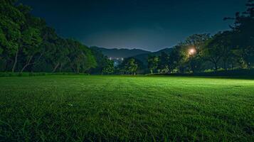 herboso campo a noche con distante calle ligero foto