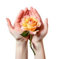 hands holding a yellow rose on a white background png