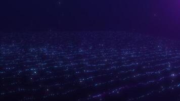 abstrait bleu embrasé numérique particule paysage surface dans cyberespace. mouvement de défocalisé couler de brillant brillant magique futuriste fantaisie vagues sur foncé Contexte. 4k 60 ips en boucle économiseur d'écran. video