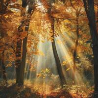 Sunlight Streaming Through Forest Trees photo