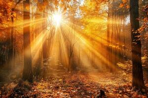 Sun Shining Through Trees in Woods photo