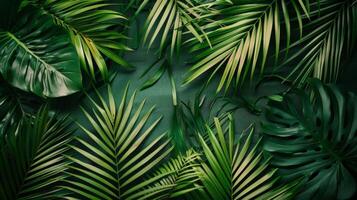 Green Palm Leaf Wallpaper on Dark Green Background photo
