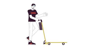 Asian man pushing luggage cart line 2D character animation. In airport flat color cartoon 4K , alpha channel. Korean guy walking with baggage trolley animated person on white background video