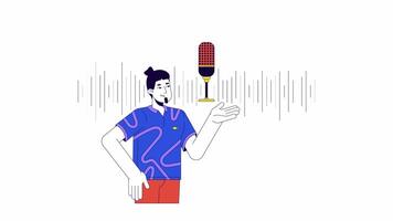 Mann Aufzeichnung Audio- Botschaft Linie 2d Charakter Animation. Stimme Befehl eben Farbe Karikatur 4k , Alpha Kanal. kaukasisch Kerl mit Mikrofon Frequenz animiert Person auf Weiß Hintergrund video