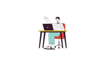 University student talking at table line 2D character animation. Homework, worker flat color cartoon 4K , alpha channel. Engaged korean guy sitting desk laptop animated person on white background video