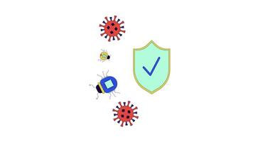 Virus bugs against shield line 2D objects animation. AI protected flat color cartoon 4K , alpha channel. Computer security. Cybersecurity. Firewall antivirus animated elements on white background video