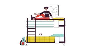 Latino man sitting up in bunk bed line 2D character animation. Hispanic guy on bunkbed flat color cartoon 4K , alpha channel. Student in dorm waving hand animated person on white background video