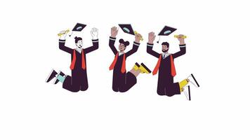 Excited graduates in air line 2D characters animation. Jumping celebration college graduation flat color cartoon 4K , alpha channel. Diploma grad caps students animated people on white background video