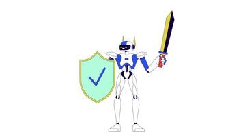 Posing robot with shield and sword line 2D character animation. Cyber protection technology flat color cartoon 4K , alpha channel. Cybersecurity humanoid animated personage on white background video