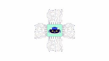 AI microchip cpu line 2D object animation. Circuitry motherboard. Innovative tech flat color cartoon 4K , alpha channel. Artificial intelligence chip circuit animated item on white background video