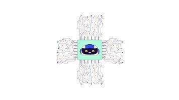 AI microchip cpu line 2D object animation. Circuitry motherboard. Innovative tech flat color cartoon 4K , alpha channel. Artificial intelligence chip circuit animated item on white background video