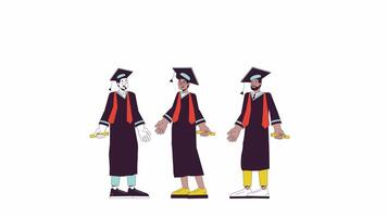 Throw caps students jumping line cartoon animation. University graduation 4K motion graphic. Multicultural graduates mortarboard hats 2D linear animated characters isolated on white background video