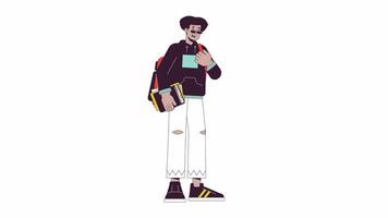 Happy latin american student with rucksack line 2D character animation. Notebook holding flat color cartoon 4K , alpha channel. Hispanic guy talking, nodding animated person on white background video