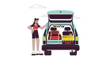 Université étudiant voiture emballage ligne dessin animé animation. en train de préparer pour route voyage 4k mouvement graphique. latina étudiant de première année fille chargement voiture tronc 2d linéaire Animé personnage isolé sur blanc Contexte video