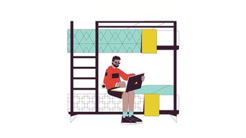 Black student sitting on bunkbed with laptop line 2D character animation. Studying in bed flat color cartoon 4K , alpha channel. African american man talking animated person on white background video