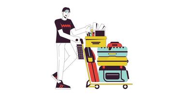 College freshman with belongings line cartoon animation. Moving to dorm 4K motion graphic. Back to school. College kid trolley luggage 2D linear animated character isolated on white background video