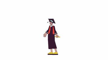 pulando graduado fêmea africano americano linha 2d personagem animação. Faculdade graduação cerimônia plano cor desenho animado 4k , alfa canal. menina dentro doutoral vestido animado pessoa em branco fundo video