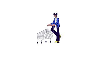 Black woman purchasing shopping cart line 2D character animation. Supermarket trolley girl flat color cartoon 4K , alpha channel. African american female buyer animated person on white background video