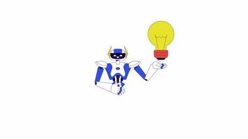 Robot assistant generating idea line 2D character animation. Lightbulb holding flat color cartoon 4K , alpha channel. Tech innovation. Robotics humanoid animated personage on white background video