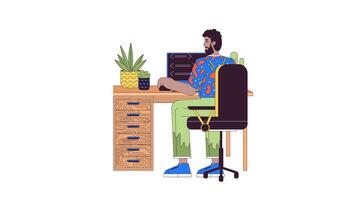 Black office employee at computer line 2D character animation. Working in office flat color cartoon 4K , alpha channel. Bearded man at workplace animated person on white background video