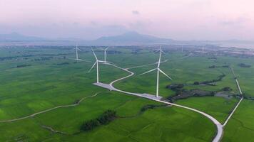 view of turbine green energy electricity, windmill for electric power production, Wind turbines generating electricity on rice field at Phan Rang, Ninh Thuan province, Vietnam video