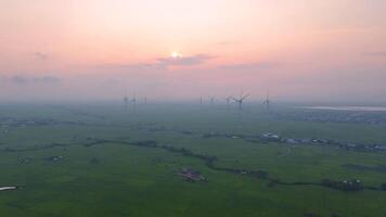 view of turbine green energy electricity, windmill for electric power production, Wind turbines generating electricity on rice field at Phan Rang, Ninh Thuan province, Vietnam video