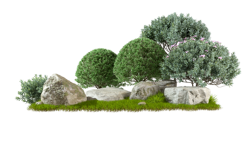 Gardening green shrubs design composition with nature rock cut out backgrounds 3d rendering file png