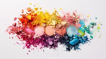 Artistic makeup palettes, a burst of vibrant colors, are arranged in a visually pleasing manner against the pristine white background photo