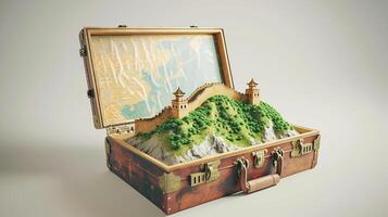 a vintage suitcase opened, and a touristic destination popping out of it photo